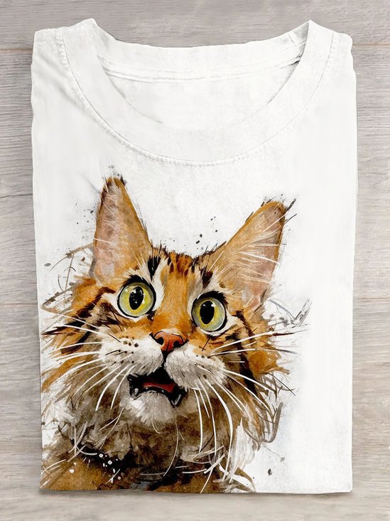 Casual Cat Crew Neck Short Sleeve T-shirt