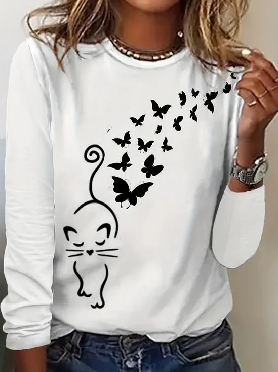 Casual Butterfly Crew Neck Long Sleeve T-shirt