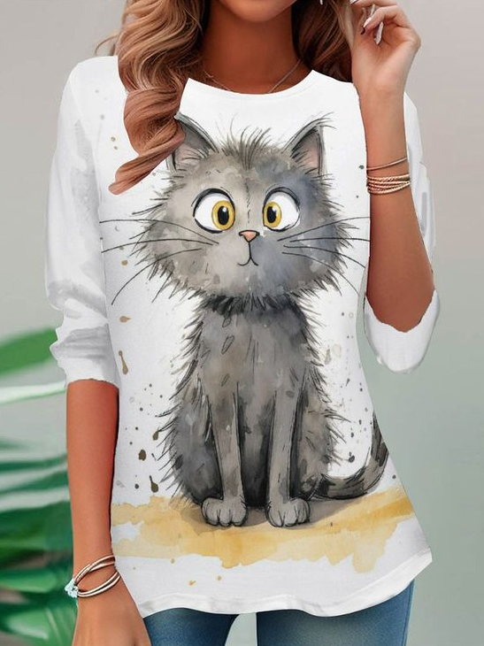 Casual Cat Crew Neck Long Sleeve T-shirt