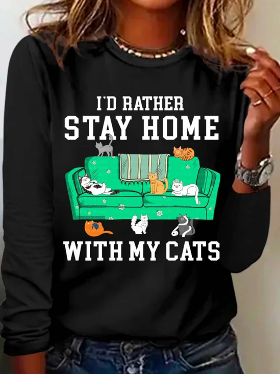Casual Cat Crew Neck Long Sleeve T-shirt