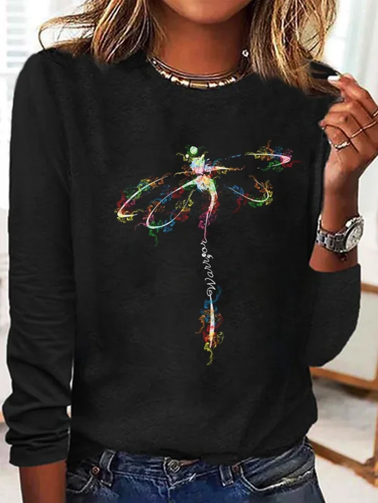 Casual Dragonfly Crew Neck Long Sleeve T-shirt