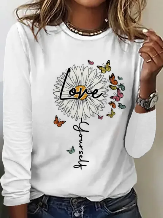 Casual Floral Crew Neck Long Sleeve T-shirt