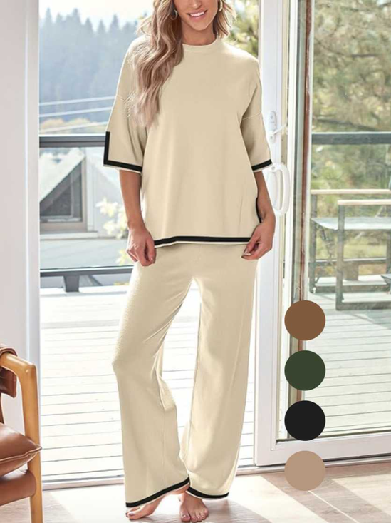 Women Plain Crew Neck Half Sleeve Comfy Casual Top With Pants Two-Piece Set