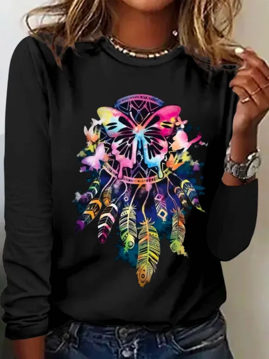 Casual Butterfly Crew Neck Long Sleeve T-shirt