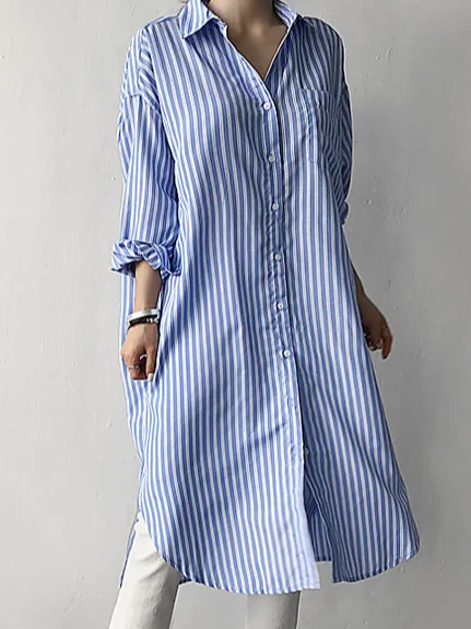 Shirt Collar Long Sleeve Striped Regular Loose Shirt For Women