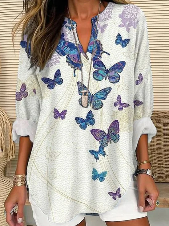 Notched Long Sleeve Butterfly Buckle Regular Loose Blouse For Women