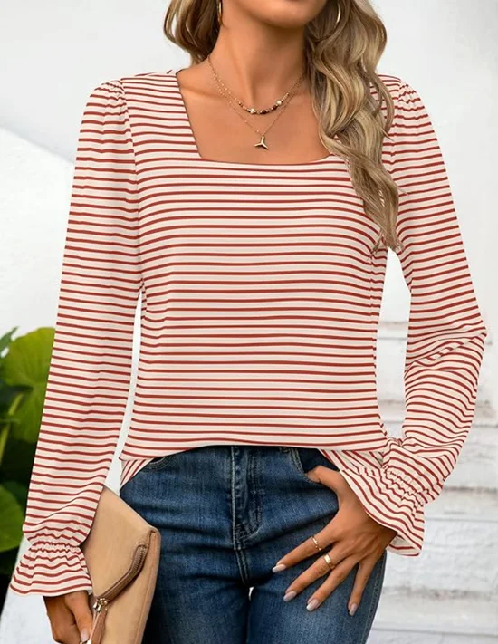 Crew Neck Long Sleeve Striped Lace Regular Loose Blouse For Women