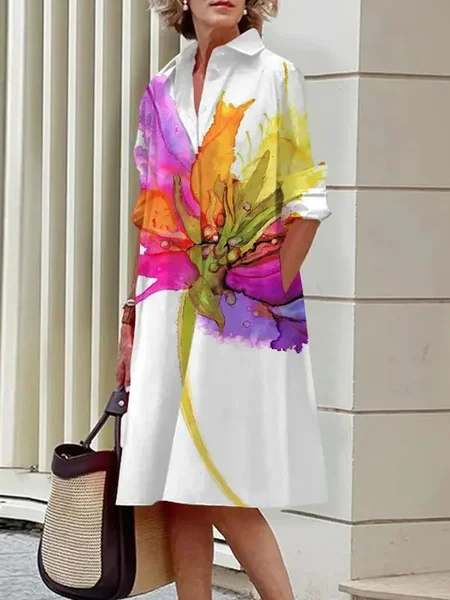 Women Floral Shirt Collar Long Sleeve Comfy Casual Midi Dress
