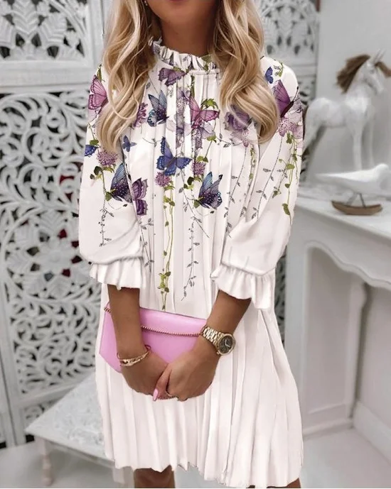 Women Floral Stand Collar Half Sleeve Comfy Casual Mini Dress