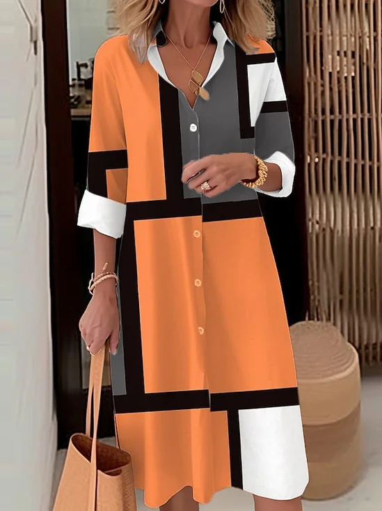 Women Geometric Stand Collar Half Sleeve Comfy Casual Mini Dress