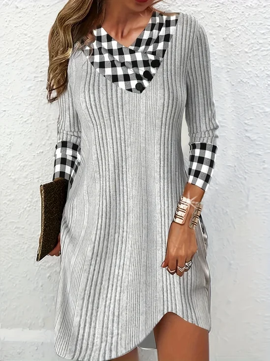 Women Plaid Asymmetrical Long Sleeve Comfy Casual Buckle Maxi Dress