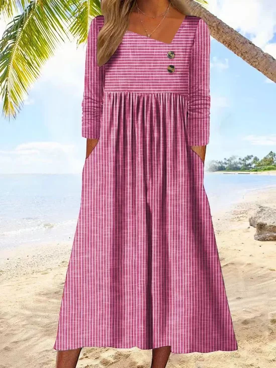 Women Striped Asymmetrical Long Sleeve Comfy Casual Buckle Maxi Dress