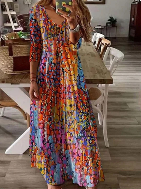 Women Floral Print Long Sleeve Comfy Casual Buckle Maxi Dress