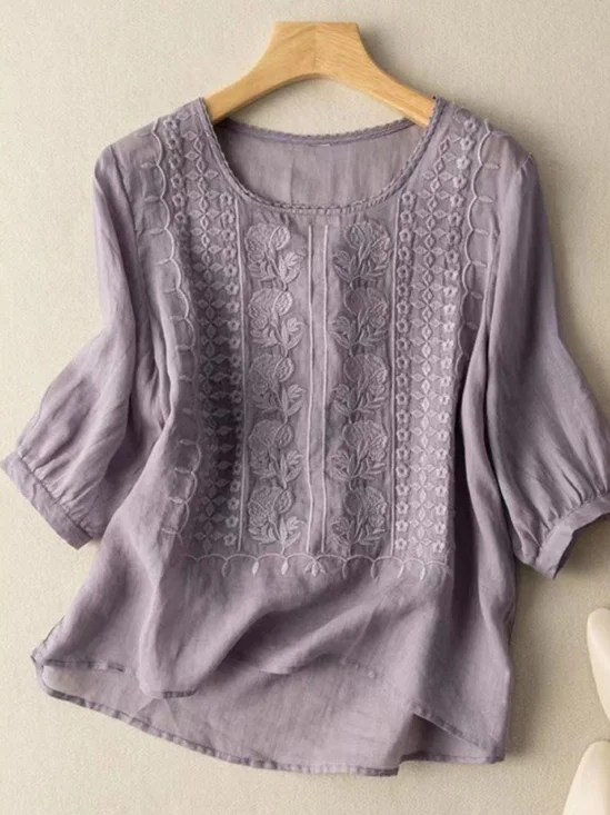 Shirt Collar Short Sleeve Plain Embroidery Regular Loose Blouse For Women