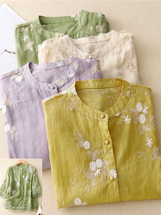 Shirt Collar Short Sleeve Plain Embroidery Regular Loose Shirt For Women