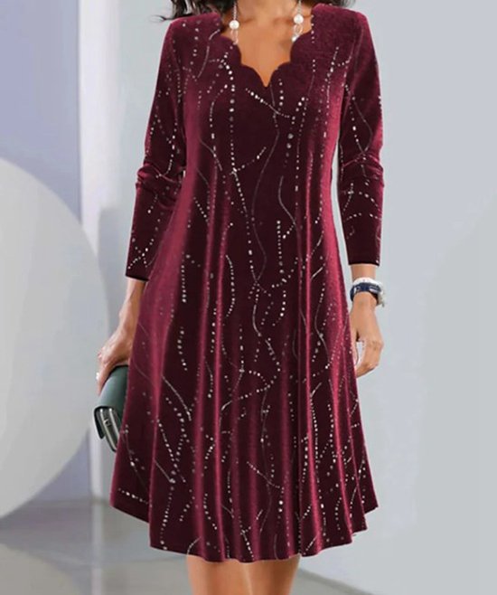 Women Geometric V Neck Long Sleeve Comfy Casual Buckle Maxi Dress