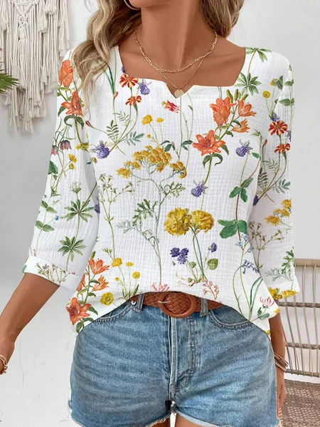 Notched Three Quarter Sleeve Floral Regular Loose Blouse For Women