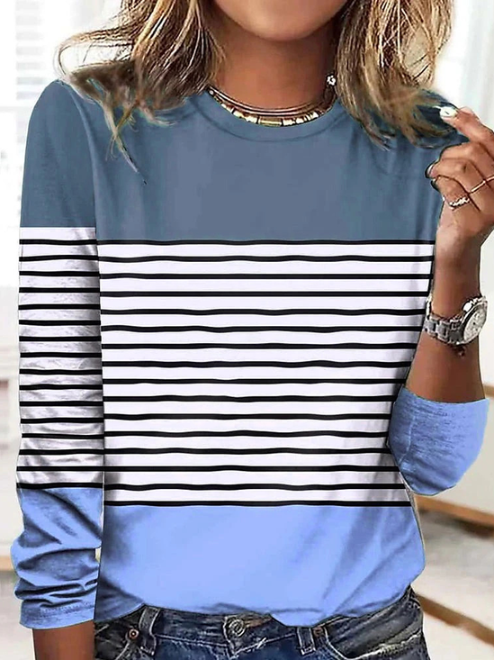 Casual Striped Crew Neck Long Sleeve T-shirt