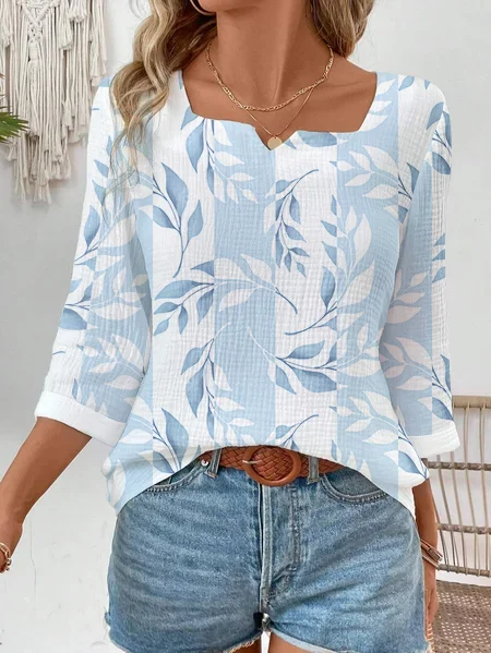 Notched Three Quarter Sleeve Floral Regular Loose Blouse For Women