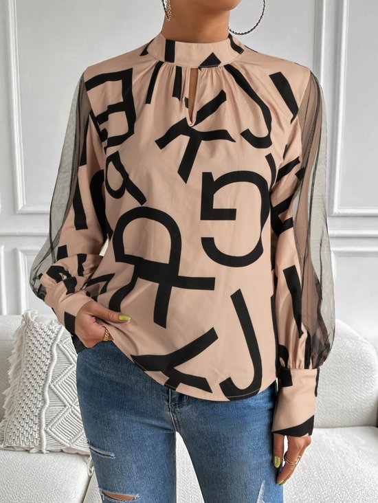 Stand Collar Long Sleeve Abstract Lace Regular Regular Fit Blouse For Women