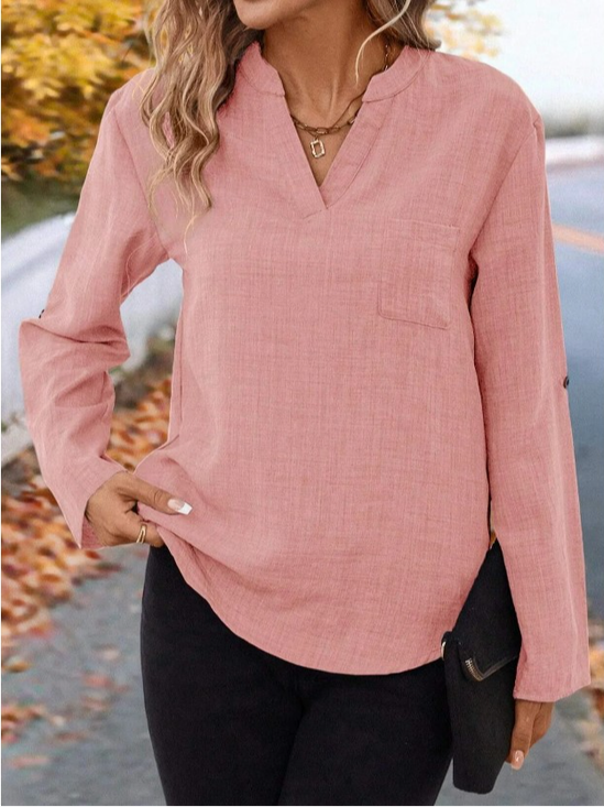 Notched Long Sleeve Plain Lace Regular Regular Fit Blouse For Women
