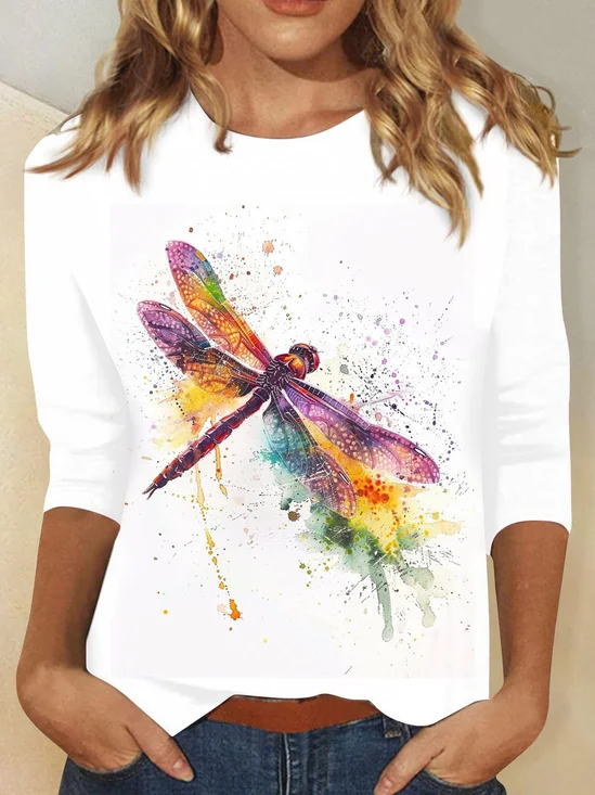 Casual Dragonfly Crew Neck Long Sleeve T-shirt
