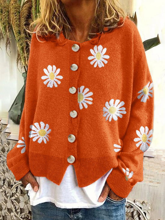 Women Wool/Knitting Floral Long Sleeve Comfy Casual Cardigan