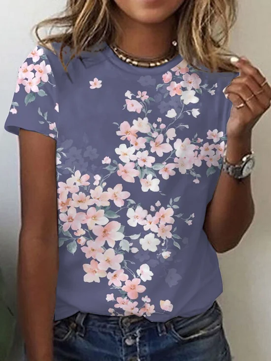 Casual Floral V Neck Long Sleeve T-shirt