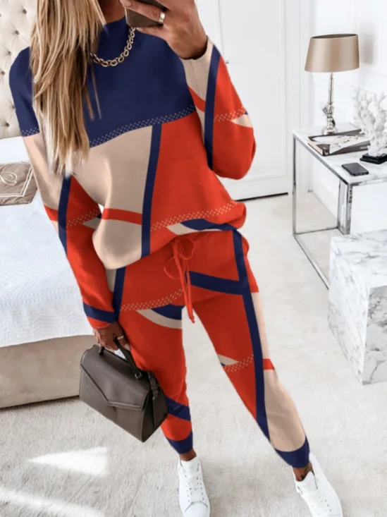 Women Geometric Crew Neck Long Sleeve Comfy Casual Top With Pants Two-Piece Set