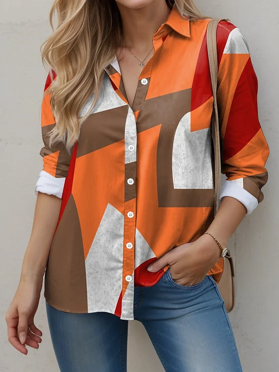 Shirt Collar Short Sleeve Geometric Embroidery Regular Loose Shirt For Women