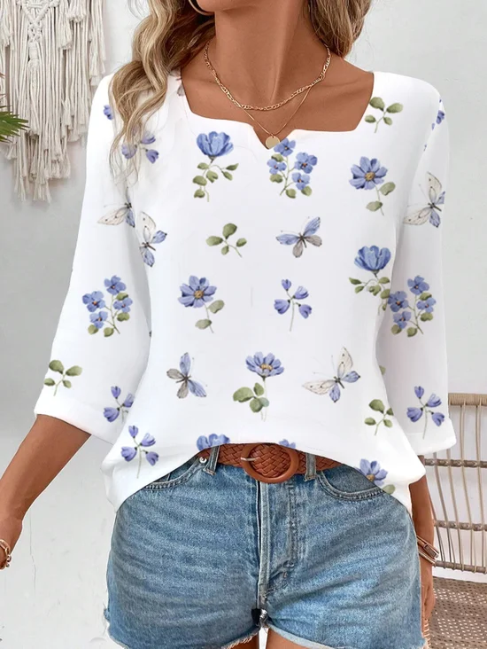 Casual Floral Notched Three Quarter Sleeve T-shirt