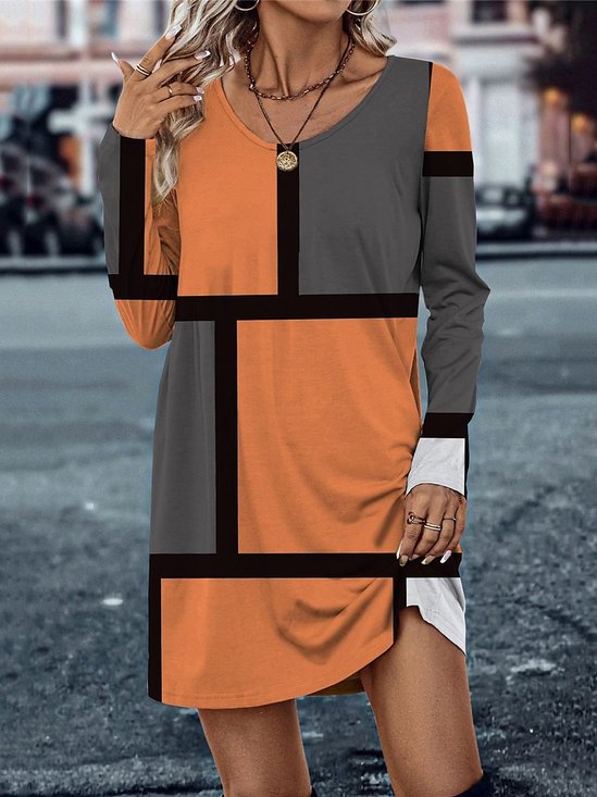 Women Geometric Crew Neck Long Sleeve Comfy Casual Buckle Mini Dress