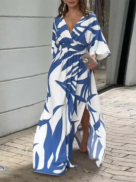 Women Geometric V Neck Half Sleeve Comfy Casual Maxi Dress