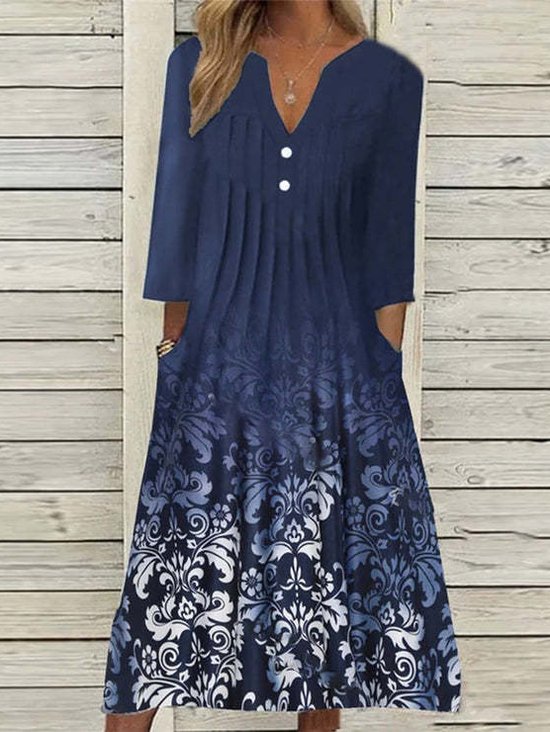 Women Floral Asymmetrical Long Sleeve Comfy Casual Pocket Stitching Maxi Dress