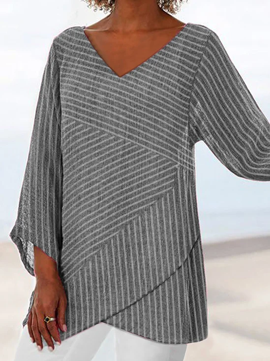 V Neck Three Quarter Sleeve Striped Regular Regular Fit Blouse For Women
