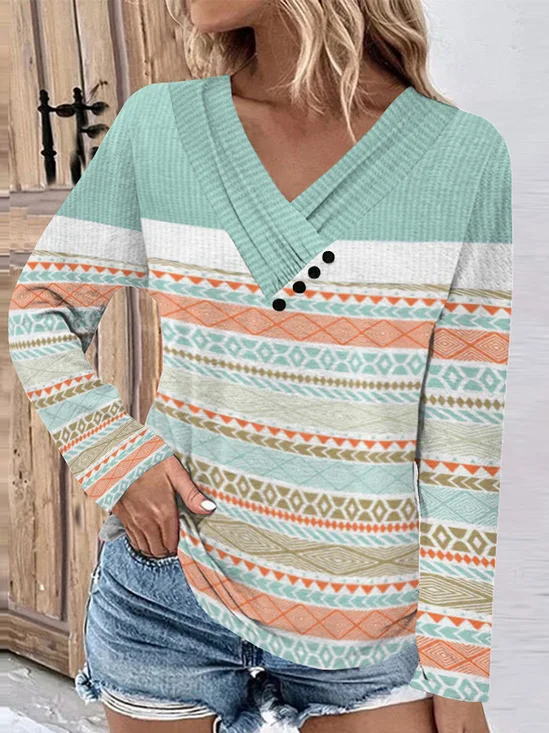 Casual Striped V Neck Long Sleeve T-shirt