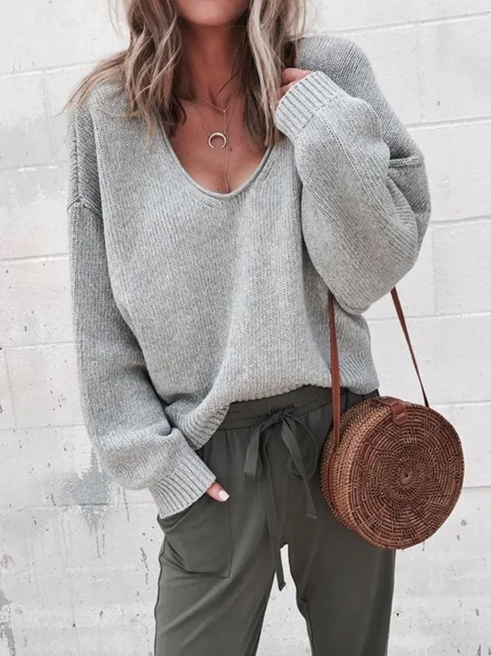Women Yarn/Wool Yarn Plain Long Sleeve Comfy Casual Sweater