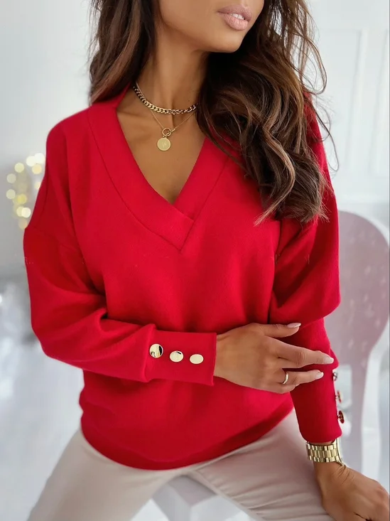 V Neck Long Sleeve Plain Regular Loose Blouse For Women