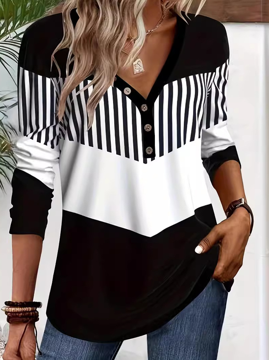 V Neck Long Sleeve Striped Regular Micro-Elasticity Loose Blouse For Women