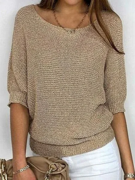 Women Yarn/Wool Yarn Plain Three Quarter Sleeve Comfy Casual Sweater