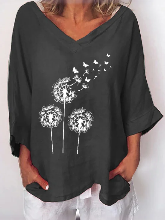 V Neck Long Sleeve Dandelion Regular Loose Blouse For Women