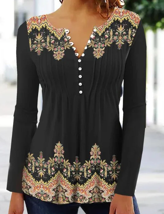 Crew Neck Long Sleeve Ethnic Regular Loose Blouse For Women