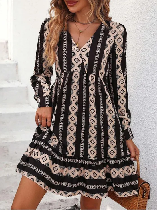 Women Ethnic V Neck Long Sleeve Comfy Ethnic Printing Midi Dress