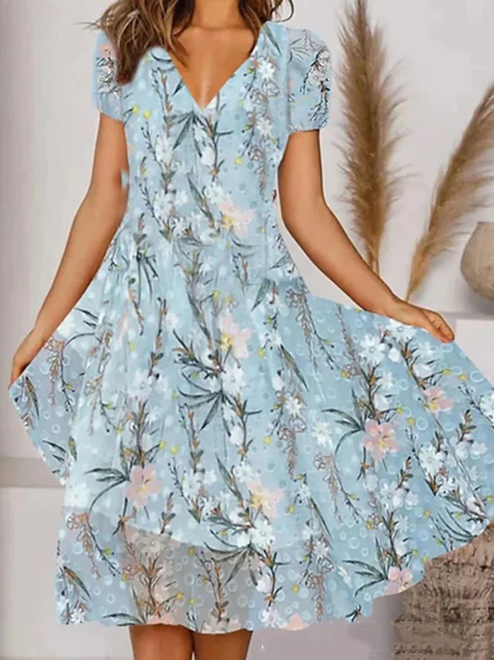 Women Floral V Neck Short Sleeve Comfy Casual Midi Dress