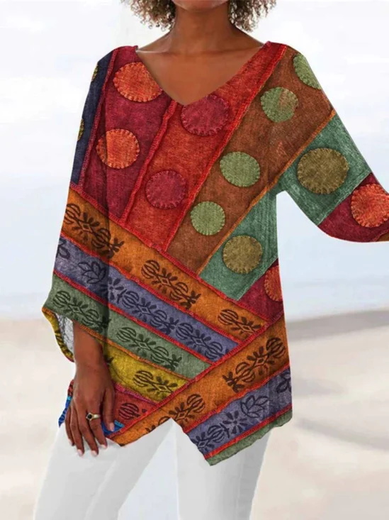 V Neck Long Sleeve Ethnic Regular Loose Blouse For Women