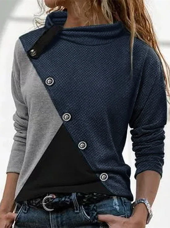 Long Sleeve Color Block Buttoned Regular Micro-Elasticity Loose Blouse For Women