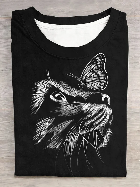 Casual Cat Crew Neck Short Sleeve T-shirt