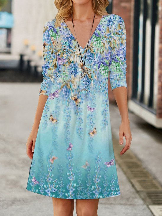 Women Floral V Neck Long Sleeve Comfy Vintage Printing Midi Dress