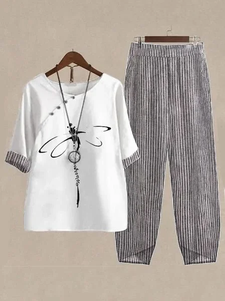 Women Striped Long Sleeve Comfy Casual Top With Pants Two-Piece Set