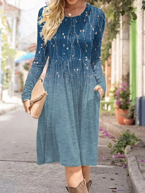 Women Floral Crew Neck Long Sleeve Comfy Casual Midi Dress